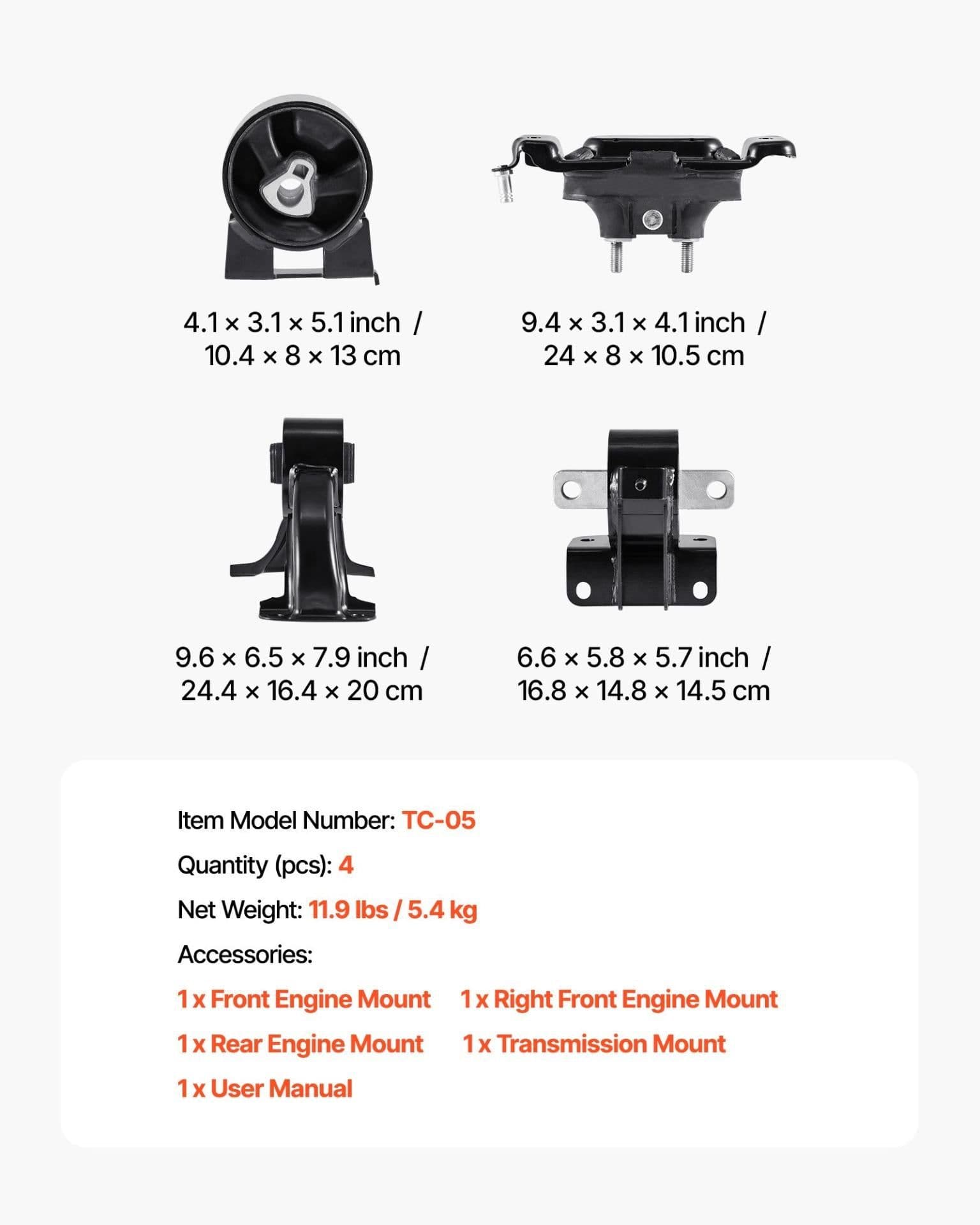 image-VEVOR Engine Motor Mount and Transmission Mount Kit Replacement, Set of 4, Compatible with 2008–2010 Chrysler Town & Country 3.3L, Replace OE# A5654, A5480, A5465, A5493, Secure Support