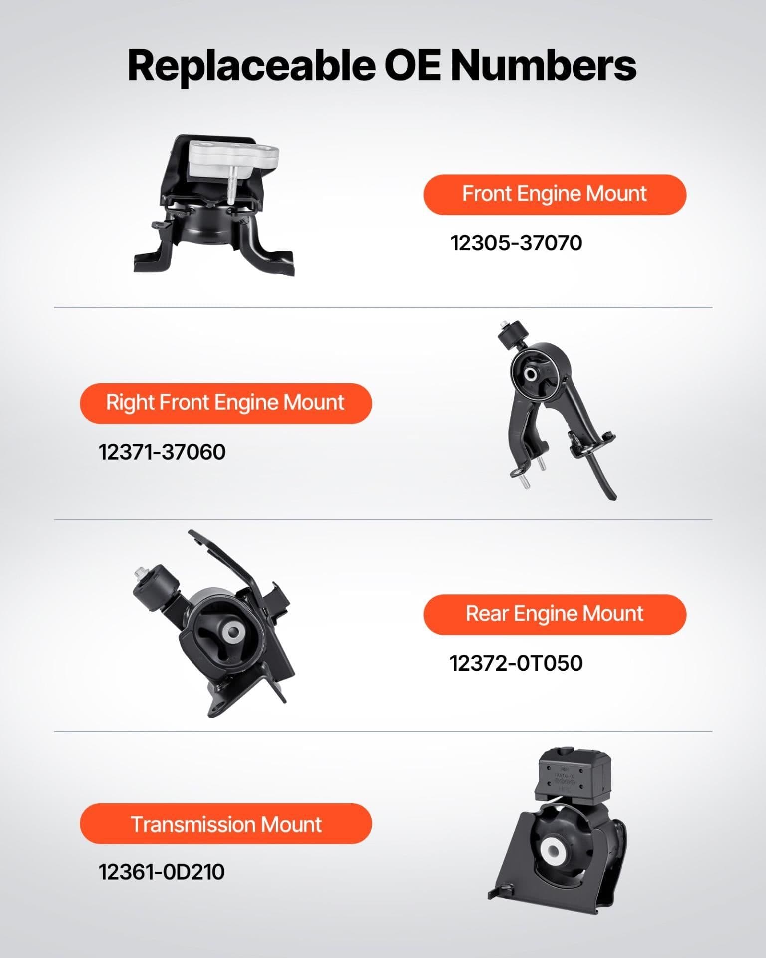 image-VEVOR Engine and Transmission Motor Mount Kit Replacement, Set of 4, Compatible with 2009–2013 Toyota Corolla 1.8L L4, Replace OE# A62015, A62039, A62027, A62023, Secure Support