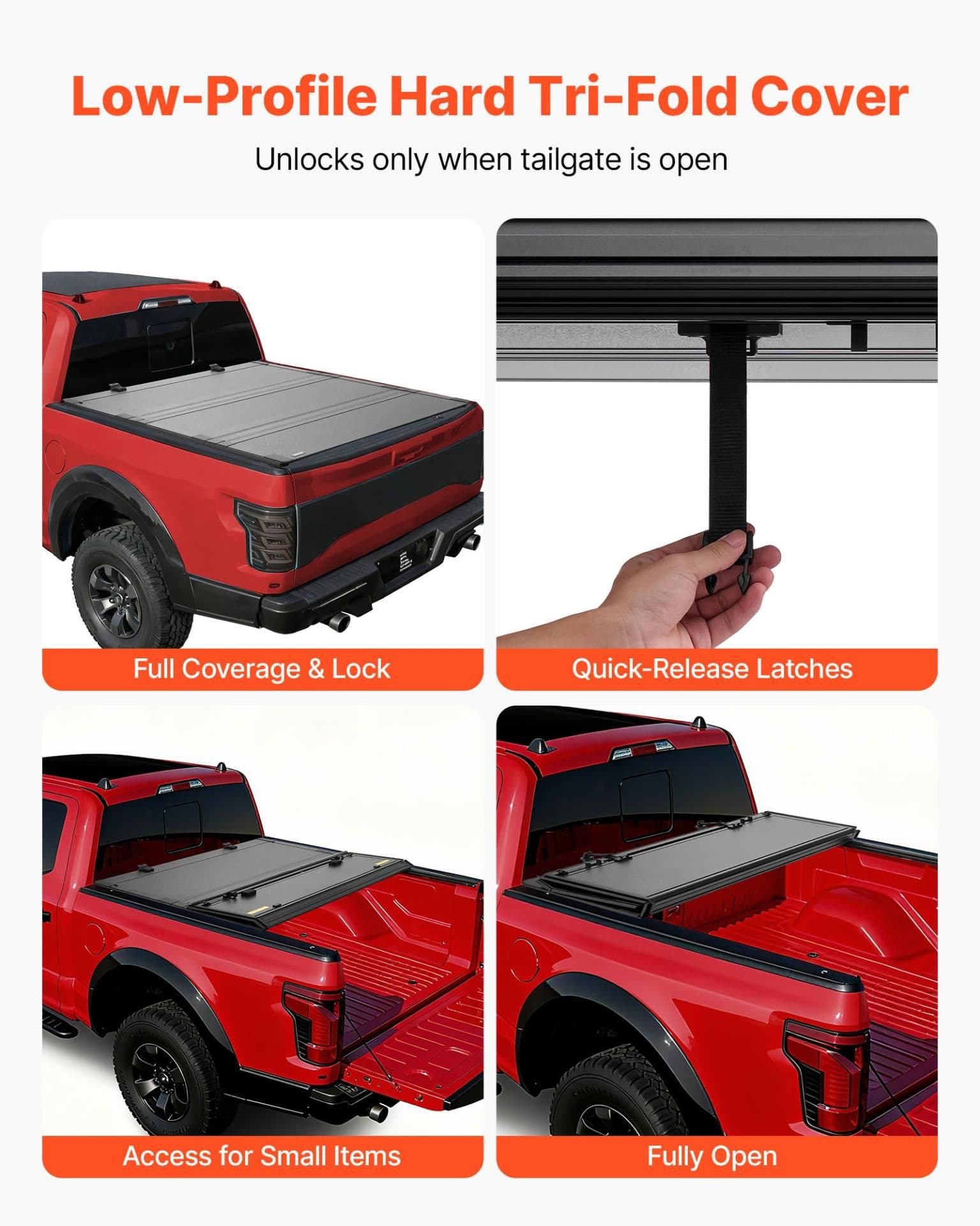 image-VEVOR Hard Tri-Fold Truck Bed Tonneau Cover, Compatible with 2022-2025 Ford Maverick 4.5 ft (54.4 in) Bed, Heavy-Duty Waterproof Low-Profile Hard Folding Truck Cover with Aluminum Alloy Support Bar