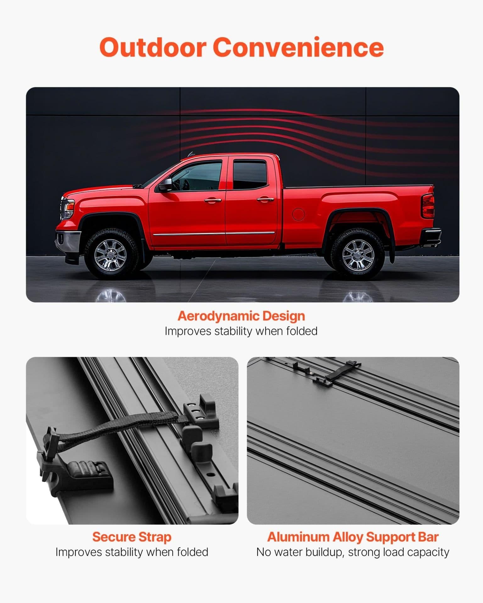 image-VEVOR Hard Tri-Fold Truck Bed Tonneau Cover, Compatible with 2022-2025 Ford Maverick 4.5 ft (54.4 in) Bed, Heavy-Duty Waterproof Low-Profile Hard Folding Truck Cover with Aluminum Alloy Support Bar