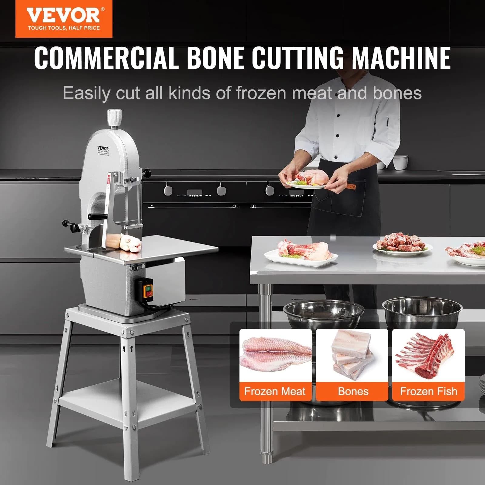 image-VEVOR Electric Meat Saw, 1800W Stainless Vertical Cutter, 19.1"x15" Workbench, 7.09" Cutting Thickness, Includes 5 Blades for Slicing Frozen Meat, Pork, Beef, and Ribs