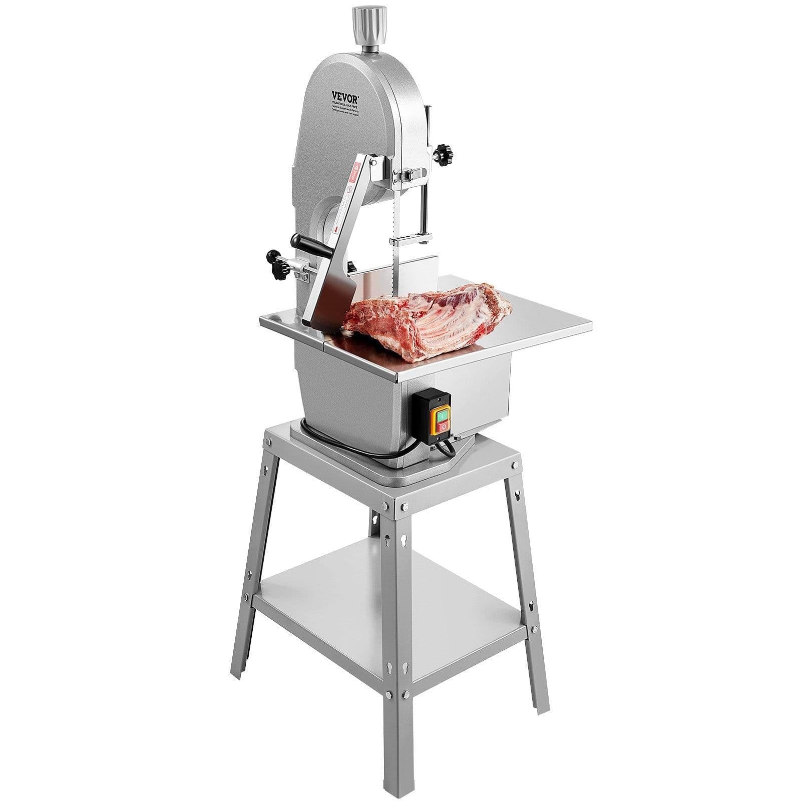 image-VEVOR Electric Meat Saw, 1800W Stainless Vertical Cutter, 19.1"x15" Workbench, 7.09" Cutting Thickness, Includes 5 Blades for Slicing Frozen Meat, Pork, Beef, and Ribs