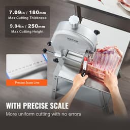 image-VEVOR Electric Meat Saw, 1800W Stainless Vertical Cutter, 19.1"x15" Workbench, 7.09" Cutting Thickness, Includes 5 Blades for Slicing Frozen Meat, Pork, Beef, and Ribs