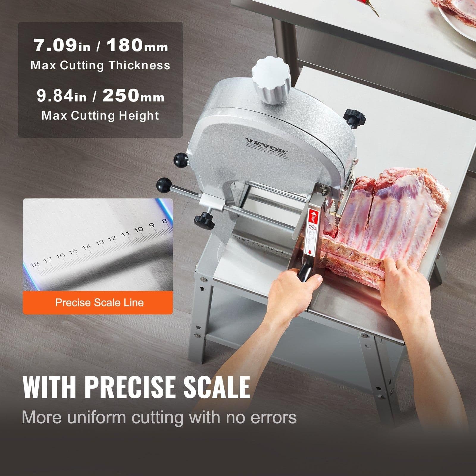 image-VEVOR Electric Meat Saw, 1800W Stainless Vertical Cutter, 19.1"x15" Workbench, 7.09" Cutting Thickness, Includes 5 Blades for Slicing Frozen Meat, Pork, Beef, and Ribs