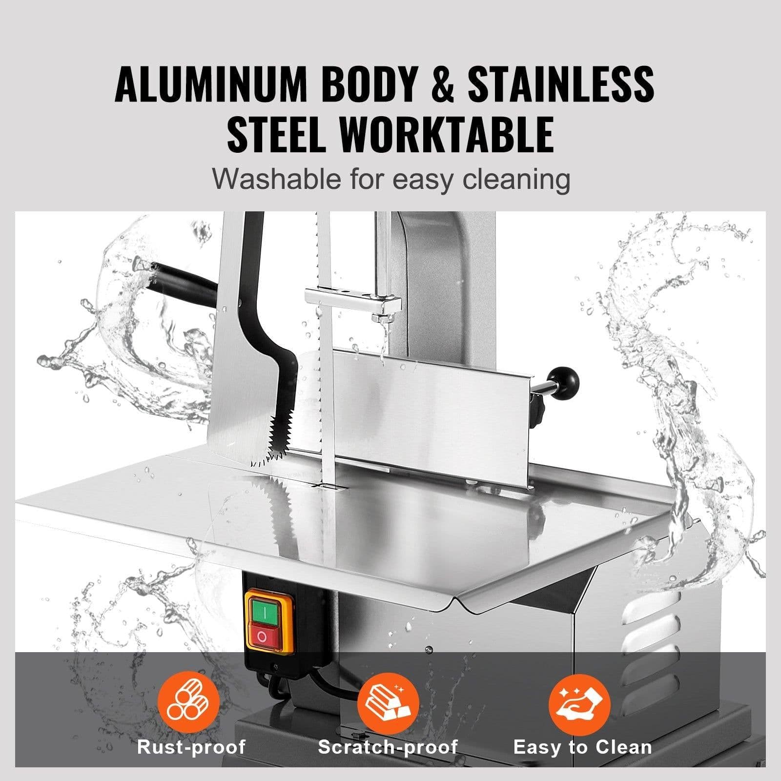 image-VEVOR Electric Meat Saw, 1800W Stainless Vertical Cutter, 19.1"x15" Workbench, 7.09" Cutting Thickness, Includes 5 Blades for Slicing Frozen Meat, Pork, Beef, and Ribs
