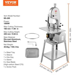image-VEVOR Electric Meat Saw, 1800W Stainless Vertical Cutter, 19.1"x15" Workbench, 7.09" Cutting Thickness, Includes 5 Blades for Slicing Frozen Meat, Pork, Beef, and Ribs