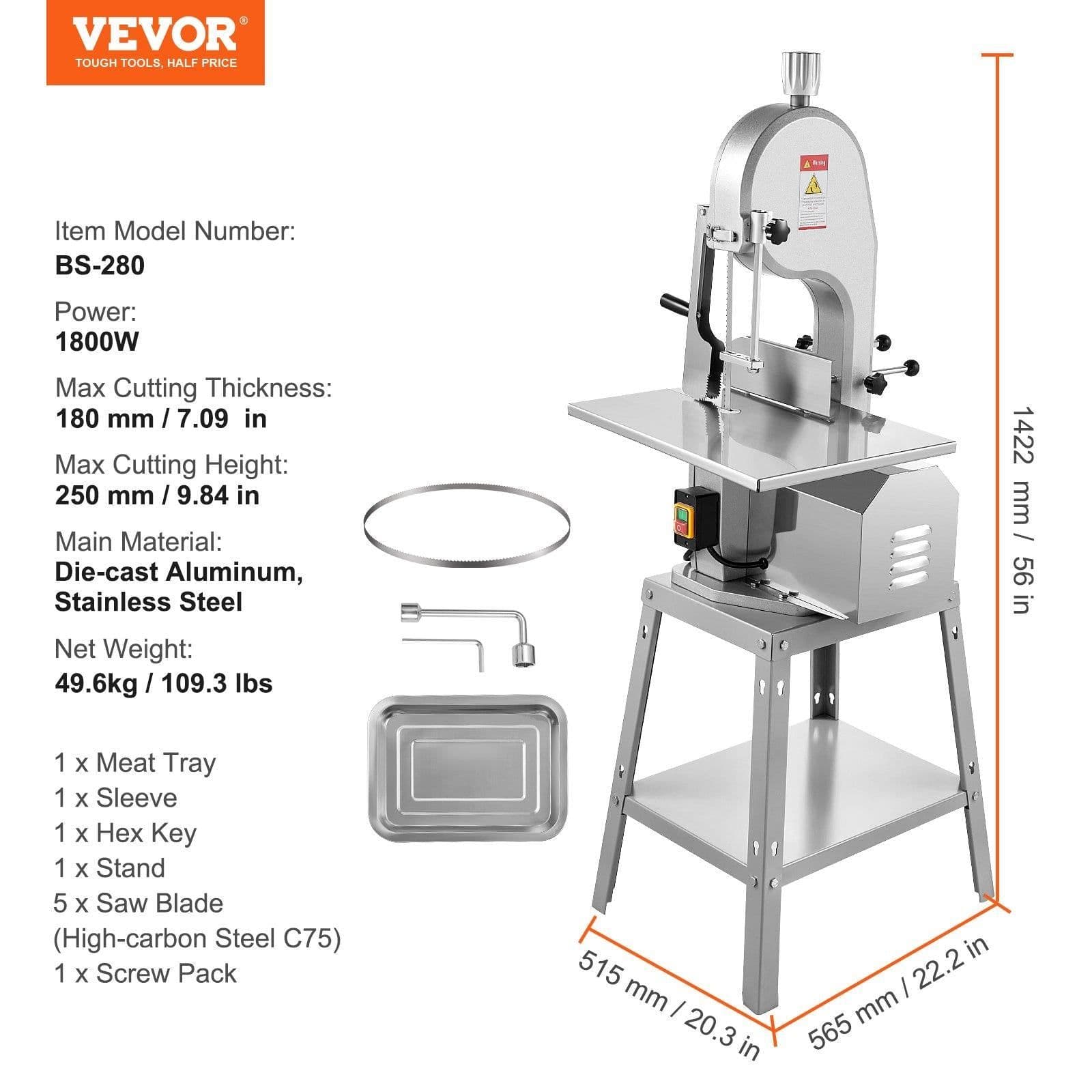 image-VEVOR Electric Meat Saw, 1800W Stainless Vertical Cutter, 19.1"x15" Workbench, 7.09" Cutting Thickness, Includes 5 Blades for Slicing Frozen Meat, Pork, Beef, and Ribs