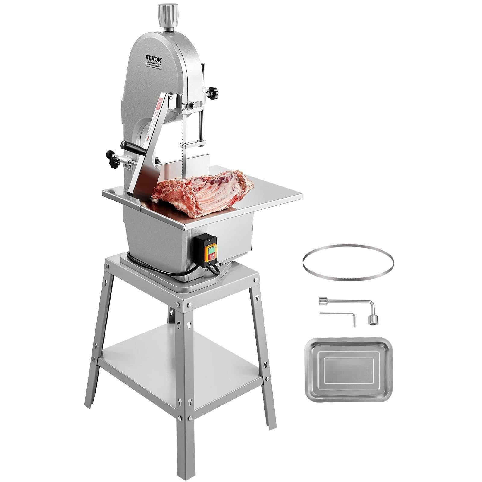 image-VEVOR Electric Meat Saw, 1800W Stainless Vertical Cutter, 19.1"x15" Workbench, 7.09" Cutting Thickness, Includes 5 Blades for Slicing Frozen Meat, Pork, Beef, and Ribs