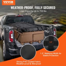 image-VEVOR Cargo Net, 72 in x 57 in, Heavy Duty Truck Cargo Net for Truck Bed, 4 Adjustable Straps with Carabiners and Rubber Coated Hooks, Durable, Suitable for Pickup, Jeep, Truck, SUV, Boat (Black)