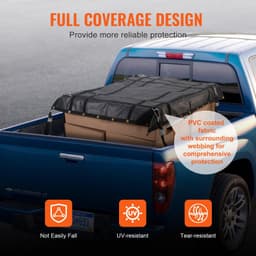 image-VEVOR Cargo Net, 72 in x 57 in, Heavy Duty Truck Cargo Net for Truck Bed, 4 Adjustable Straps with Carabiners and Rubber Coated Hooks, Durable, Suitable for Pickup, Jeep, Truck, SUV, Boat (Black)