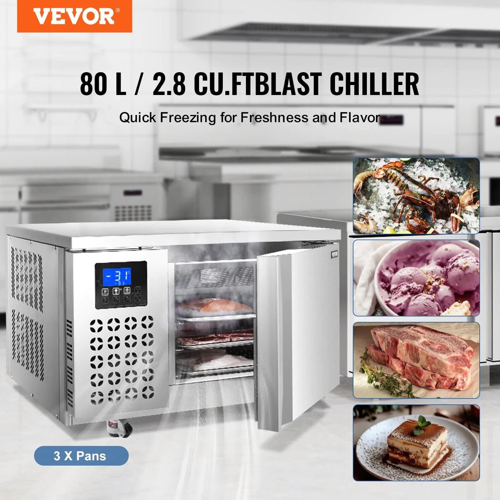 image-VEVOR Commercial Blast Freezer, 80 L / 2.8 Cu.ft Blast Chiller with 3 Trays, Blast Chiller Freezer Chest with 4 Freezing Modes, Stainless Steel Food Blast Freezer with Casters for Restaurant, Seafood