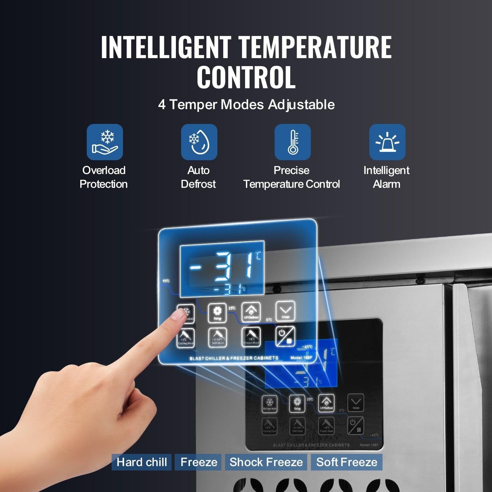 image-VEVOR Commercial Blast Freezer, 80 L / 2.8 Cu.ft Blast Chiller with 3 Trays, Blast Chiller Freezer Chest with 4 Freezing Modes, Stainless Steel Food Blast Freezer with Casters for Restaurant, Seafood