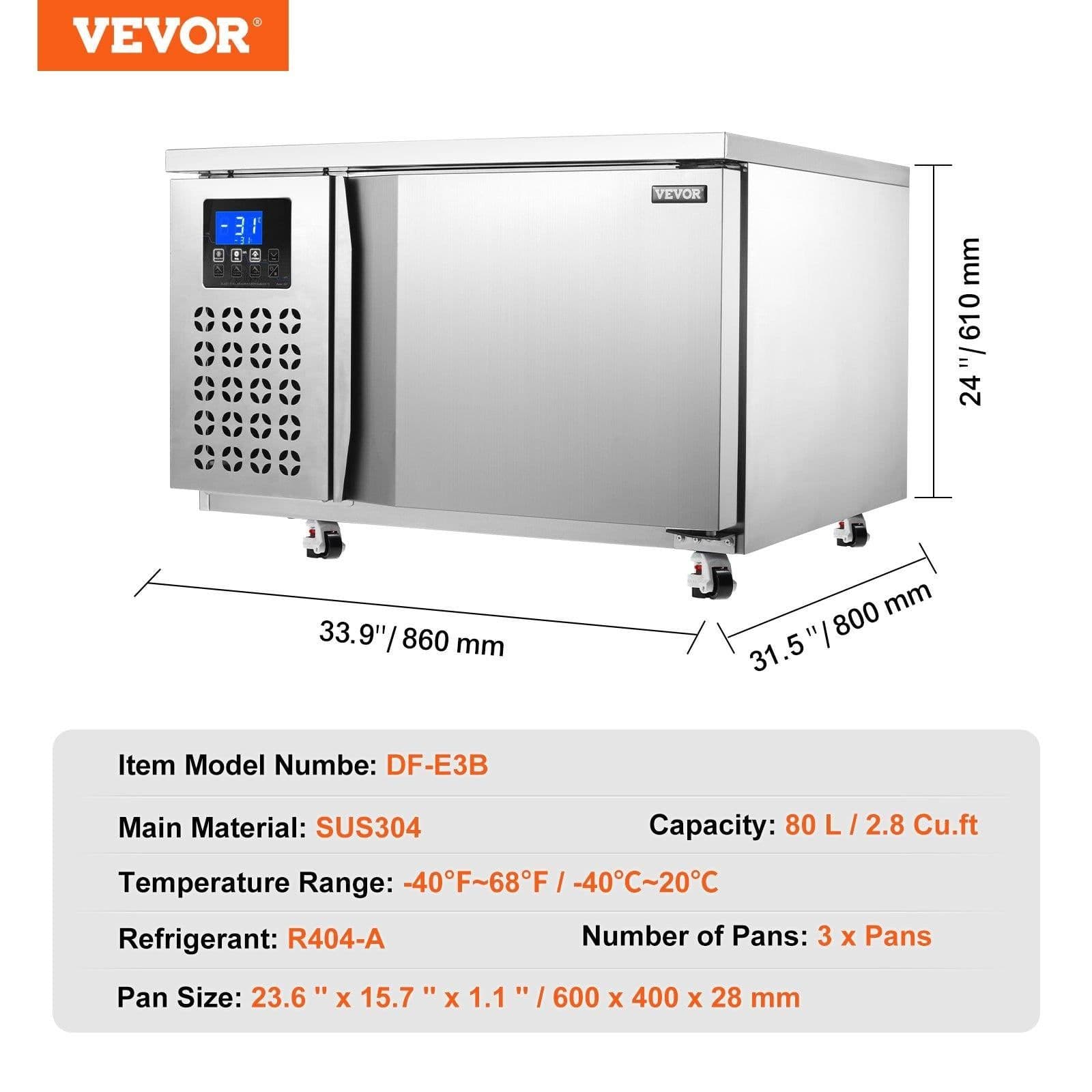 image-VEVOR Commercial Blast Freezer, 80 L / 2.8 Cu.ft Blast Chiller with 3 Trays, Blast Chiller Freezer Chest with 4 Freezing Modes, Stainless Steel Food Blast Freezer with Casters for Restaurant, Seafood