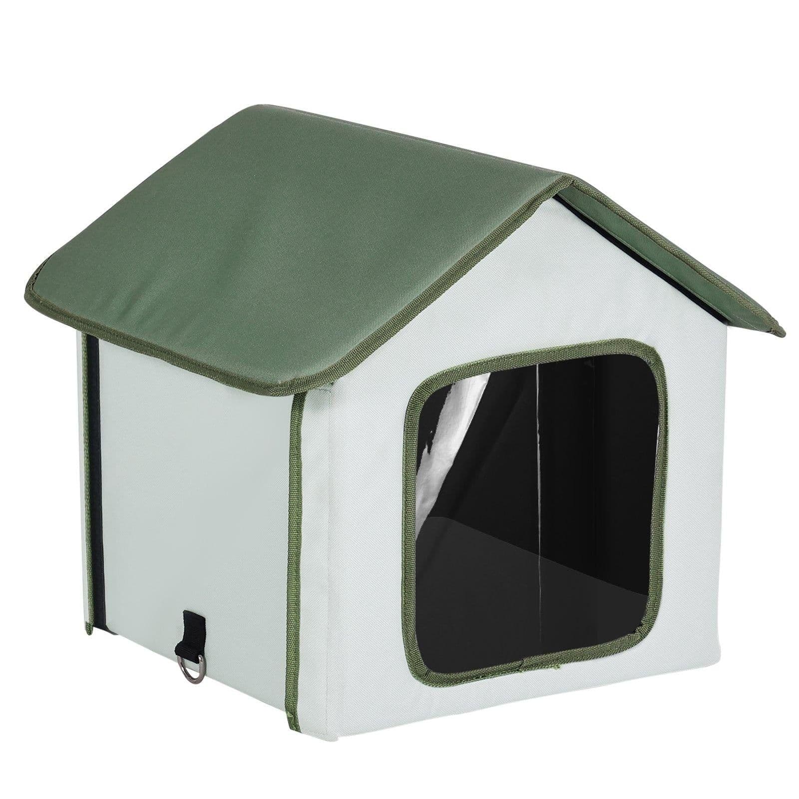 image-VEVOR Elevated Heated Cat House, Outdoor Kitty Shelter with Timer, 600D Oxford Cloth Foldable Cat Shelter with Heated Pad for Winter to Stay Warm and Cozy, Green (Small)