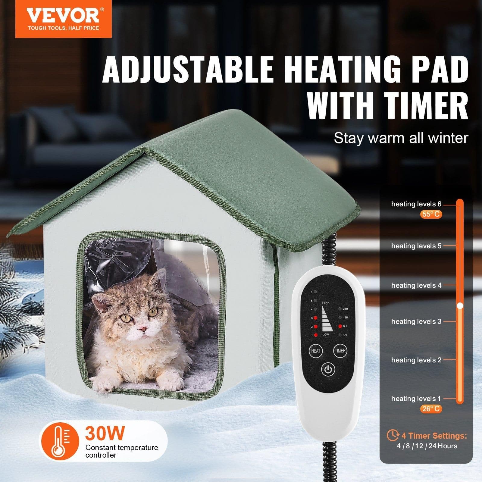 image-VEVOR Elevated Heated Cat House, Outdoor Kitty Shelter with Timer, 600D Oxford Cloth Foldable Cat Shelter with Heated Pad for Winter to Stay Warm and Cozy, Green (Small)
