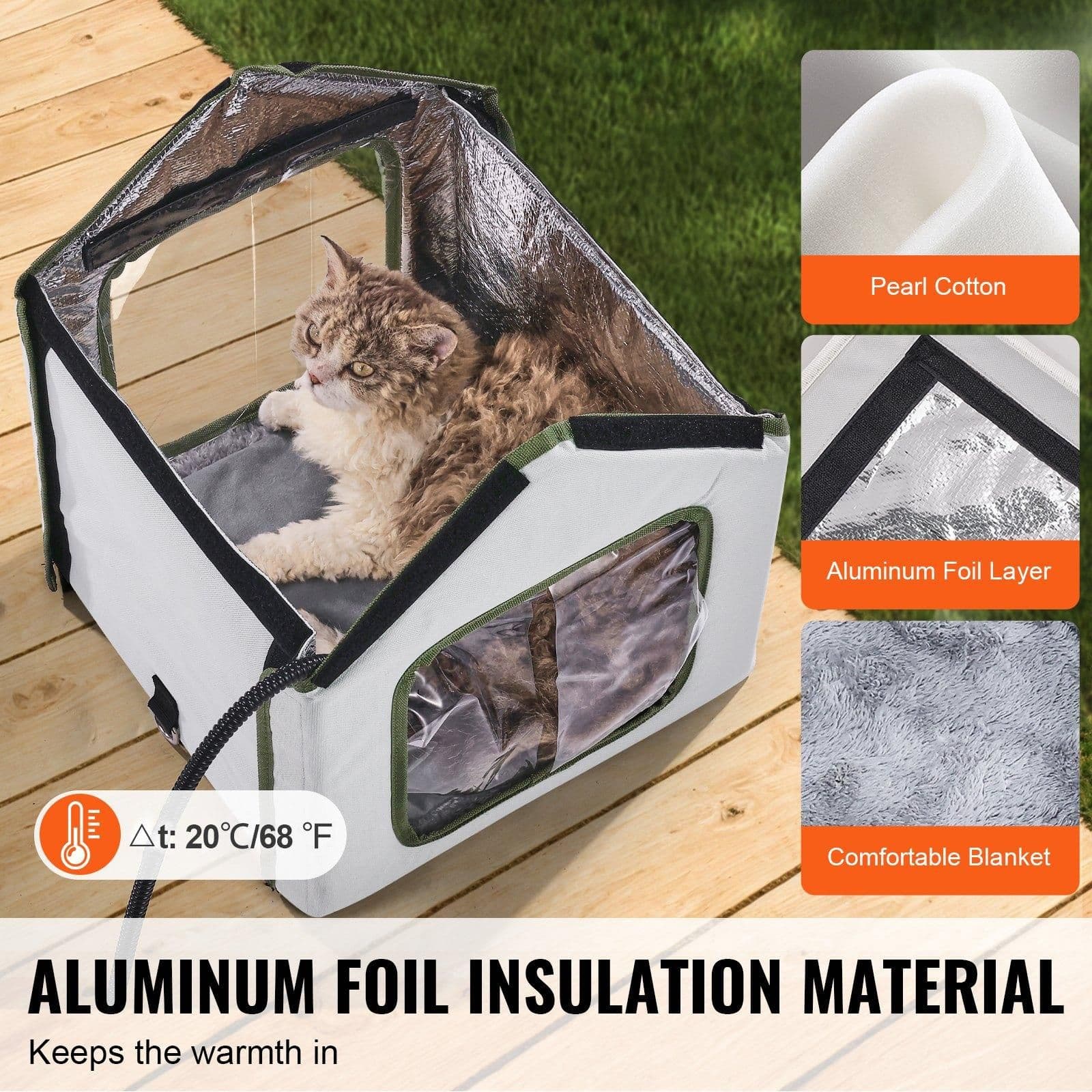image-VEVOR Elevated Heated Cat House, Outdoor Kitty Shelter with Timer, 600D Oxford Cloth Foldable Cat Shelter with Heated Pad for Winter to Stay Warm and Cozy, Green (Small)
