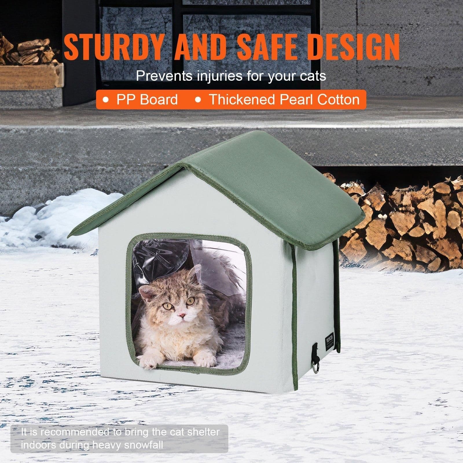 image-VEVOR Elevated Heated Cat House, Outdoor Kitty Shelter with Timer, 600D Oxford Cloth Foldable Cat Shelter with Heated Pad for Winter to Stay Warm and Cozy, Green (Small)