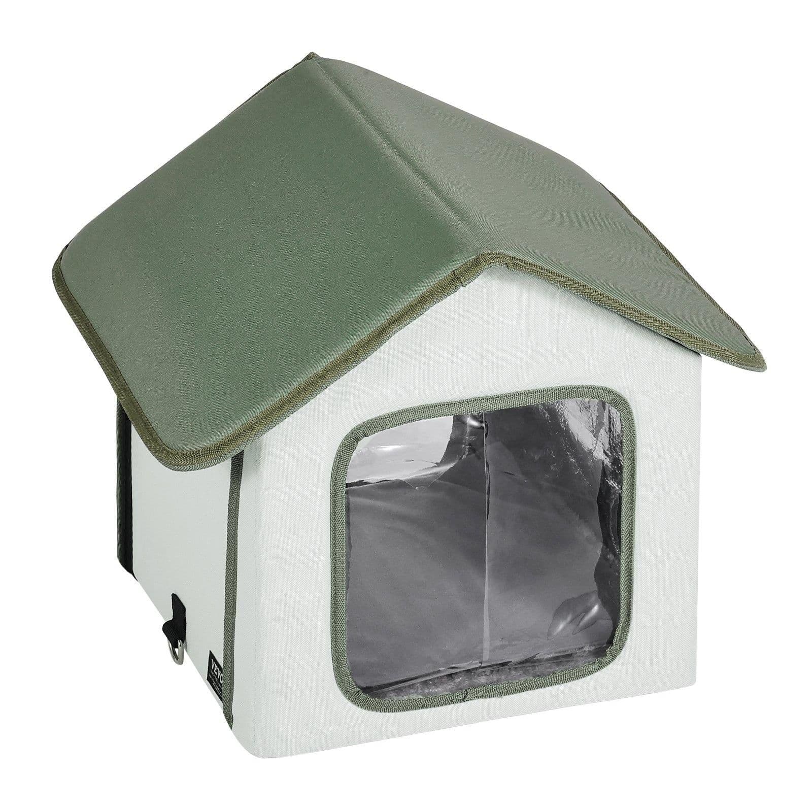 image-VEVOR Elevated Heated Cat House, Outdoor Kitty Shelter with Timer, 600D Oxford Cloth Foldable Cat Shelter with Heated Pad for Winter to Stay Warm and Cozy, Green (Small)