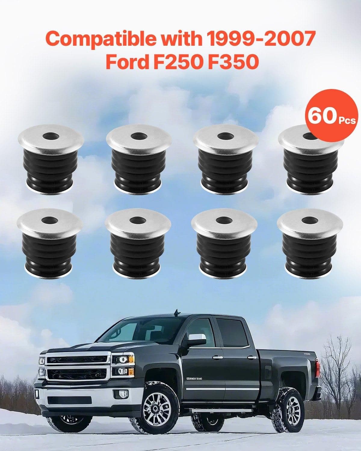 image-VEVOR Body Mount Bushing Kit, Compatible with 1999-2007 Ford F250 F350, 60 PCS Polyurethane Body Mount Kit, Quick Replacement, Durable Components for Improving Bumpy Driving Performance, Black