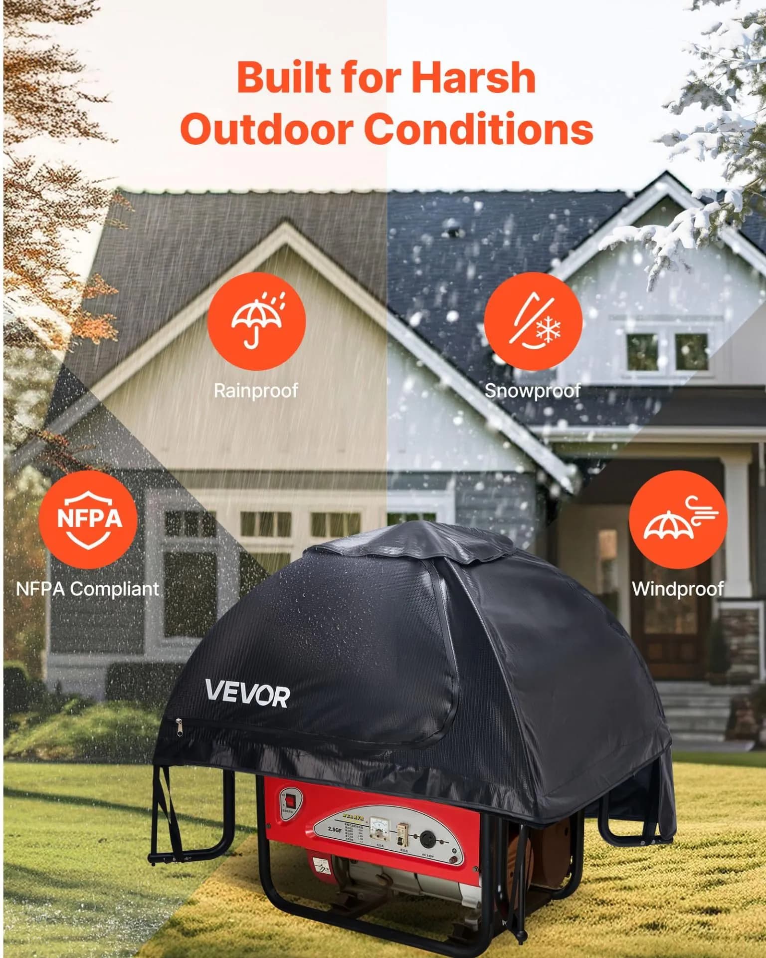 image-VEVOR Generator Cover, 36 x 26 x 26 Inch Waterproof Universal Generator Cover for Most Generators 70-108 Inches Perimeter, Portable Generator Running Cover with Heavy Duty Thicken Oxford Fabric, Black
