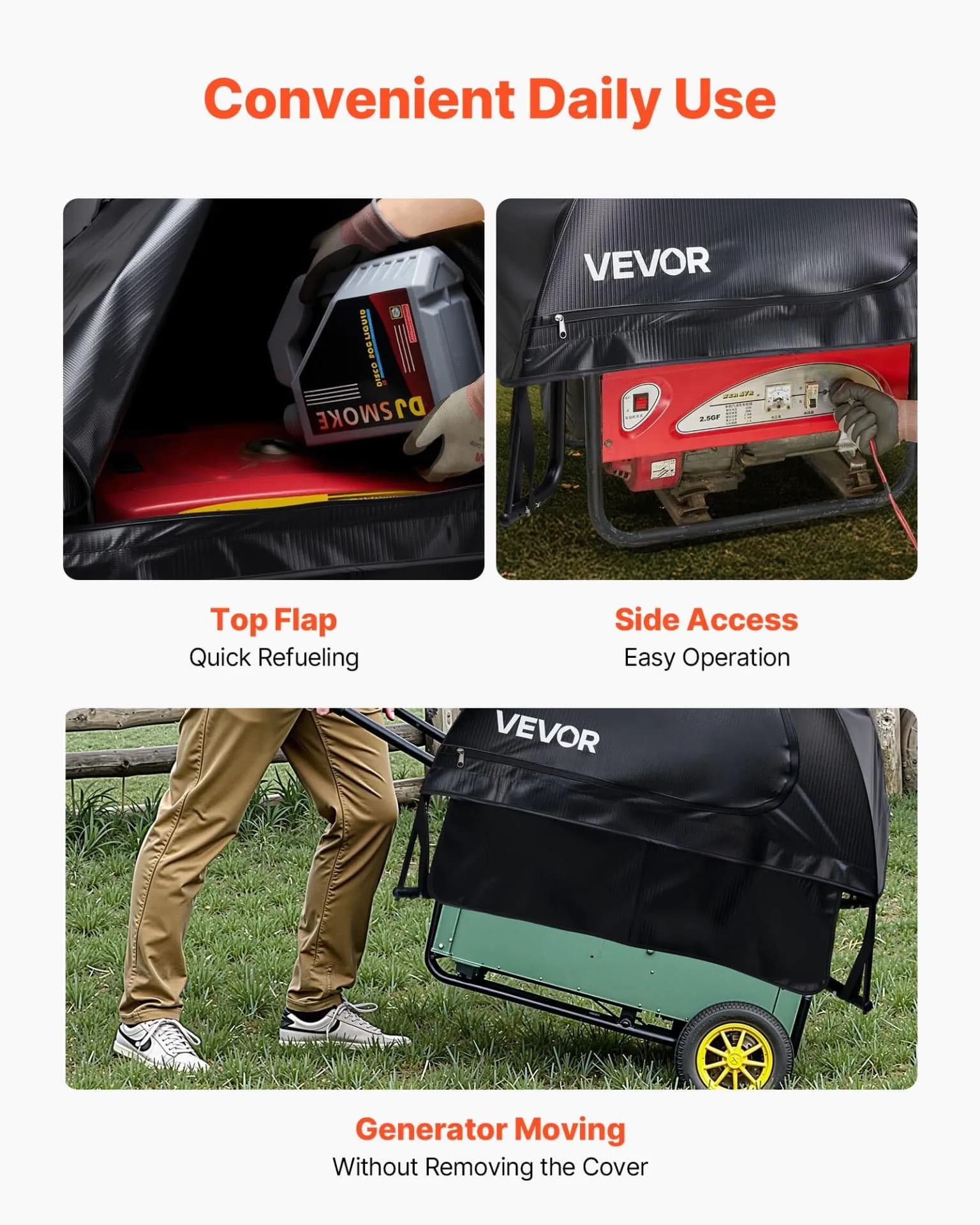 image-VEVOR Generator Cover, 36 x 26 x 26 Inch Waterproof Universal Generator Cover for Most Generators 70-108 Inches Perimeter, Portable Generator Running Cover with Heavy Duty Thicken Oxford Fabric, Black