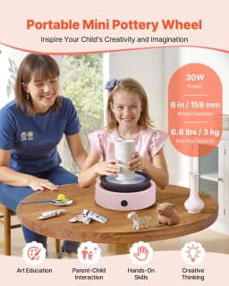 image-VEVOR Mini Pottery Wheel, 6 inch Turntable, Forward and Reverse Rotation, Adjustable Speed, Electric Clay Wheel for Kids and Beginners, with Shaping Tools, for Home DIY, Pottery Classes, Pink