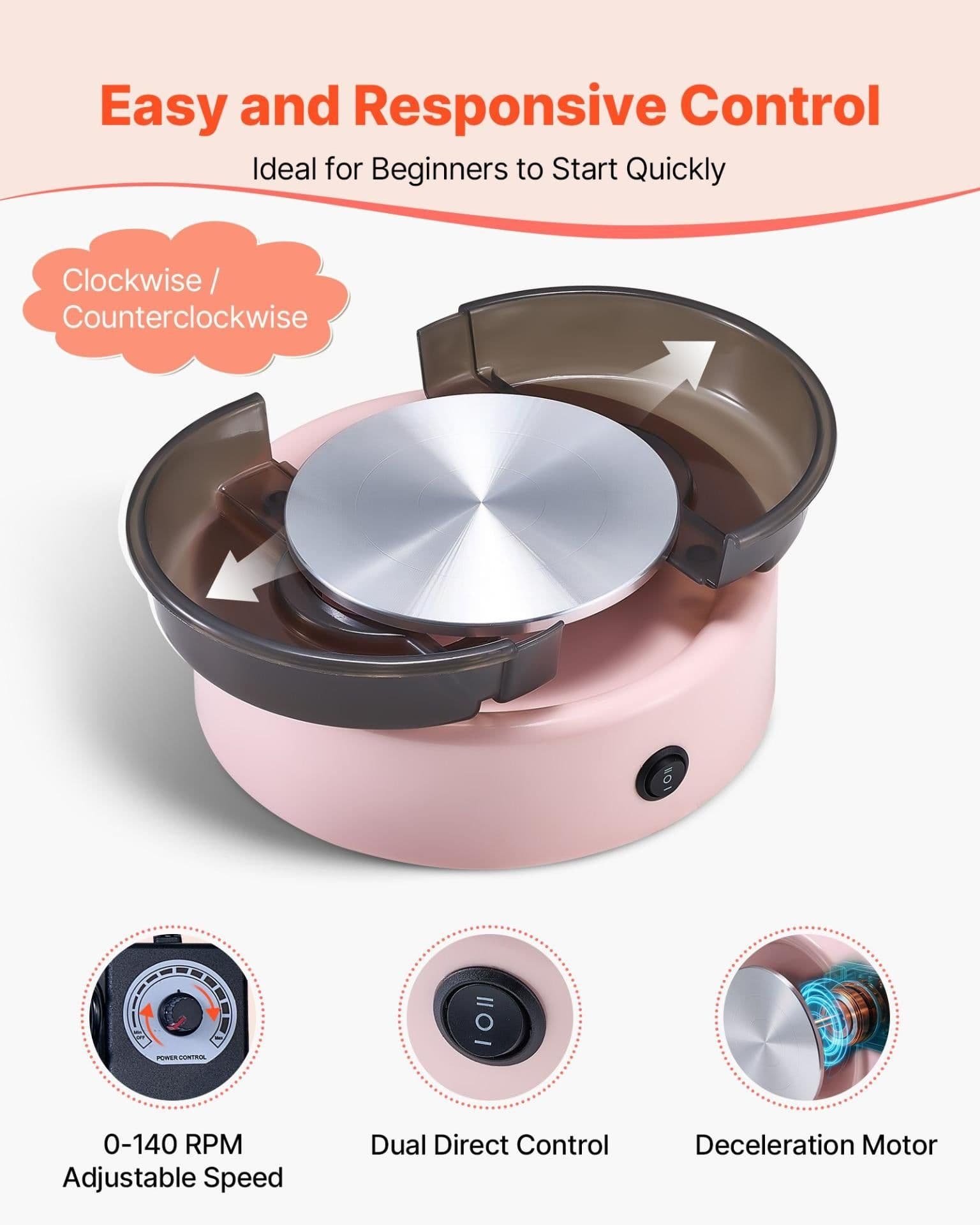 image-VEVOR Mini Pottery Wheel, 6 inch Turntable, Forward and Reverse Rotation, Adjustable Speed, Electric Clay Wheel for Kids and Beginners, with Shaping Tools, for Home DIY, Pottery Classes, Pink