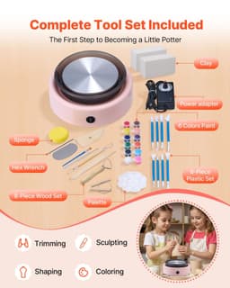 image-VEVOR Mini Pottery Wheel, 6 inch Turntable, Forward and Reverse Rotation, Adjustable Speed, Electric Clay Wheel for Kids and Beginners, with Shaping Tools, for Home DIY, Pottery Classes, Pink