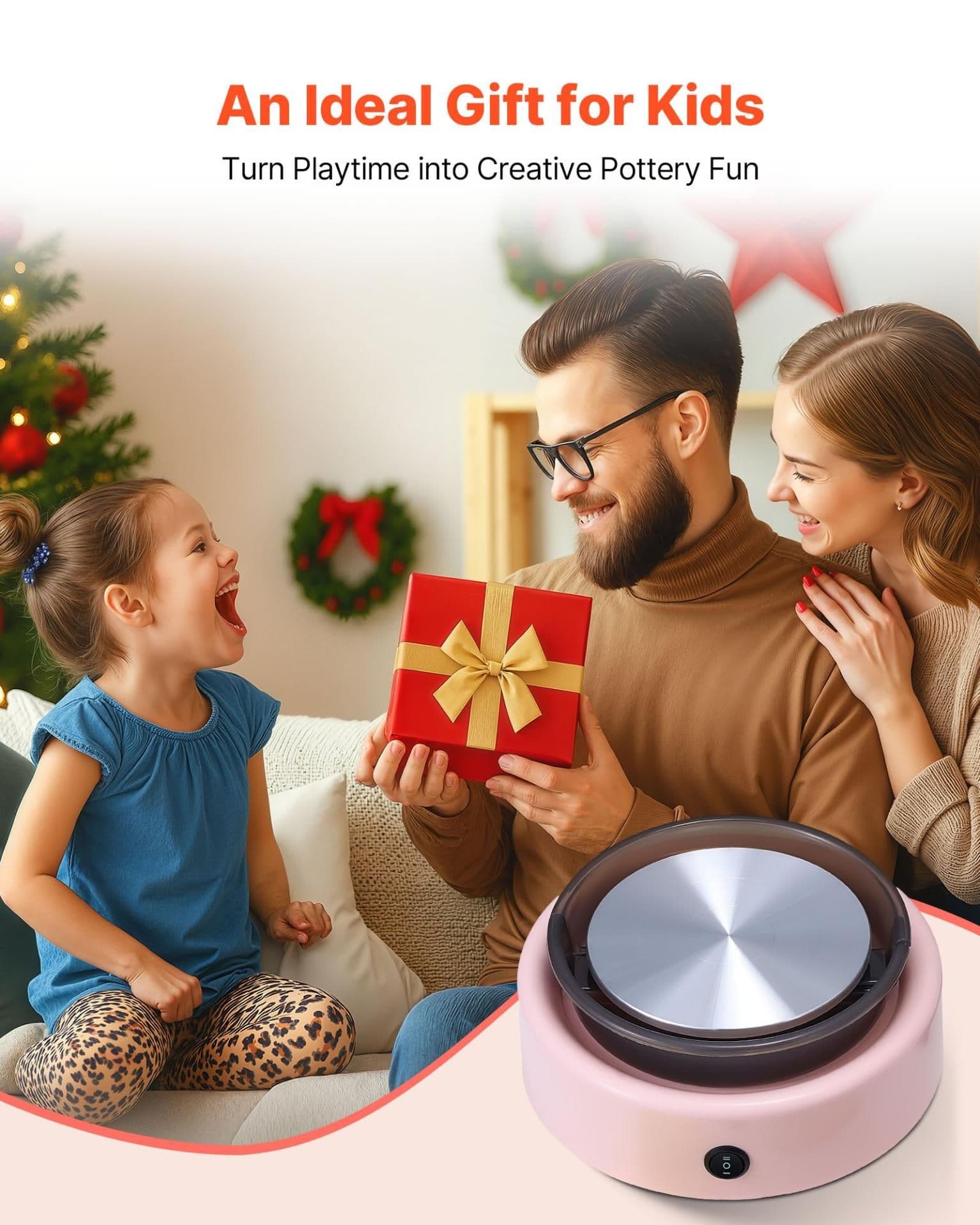 image-VEVOR Mini Pottery Wheel, 6 inch Turntable, Forward and Reverse Rotation, Adjustable Speed, Electric Clay Wheel for Kids and Beginners, with Shaping Tools, for Home DIY, Pottery Classes, Pink