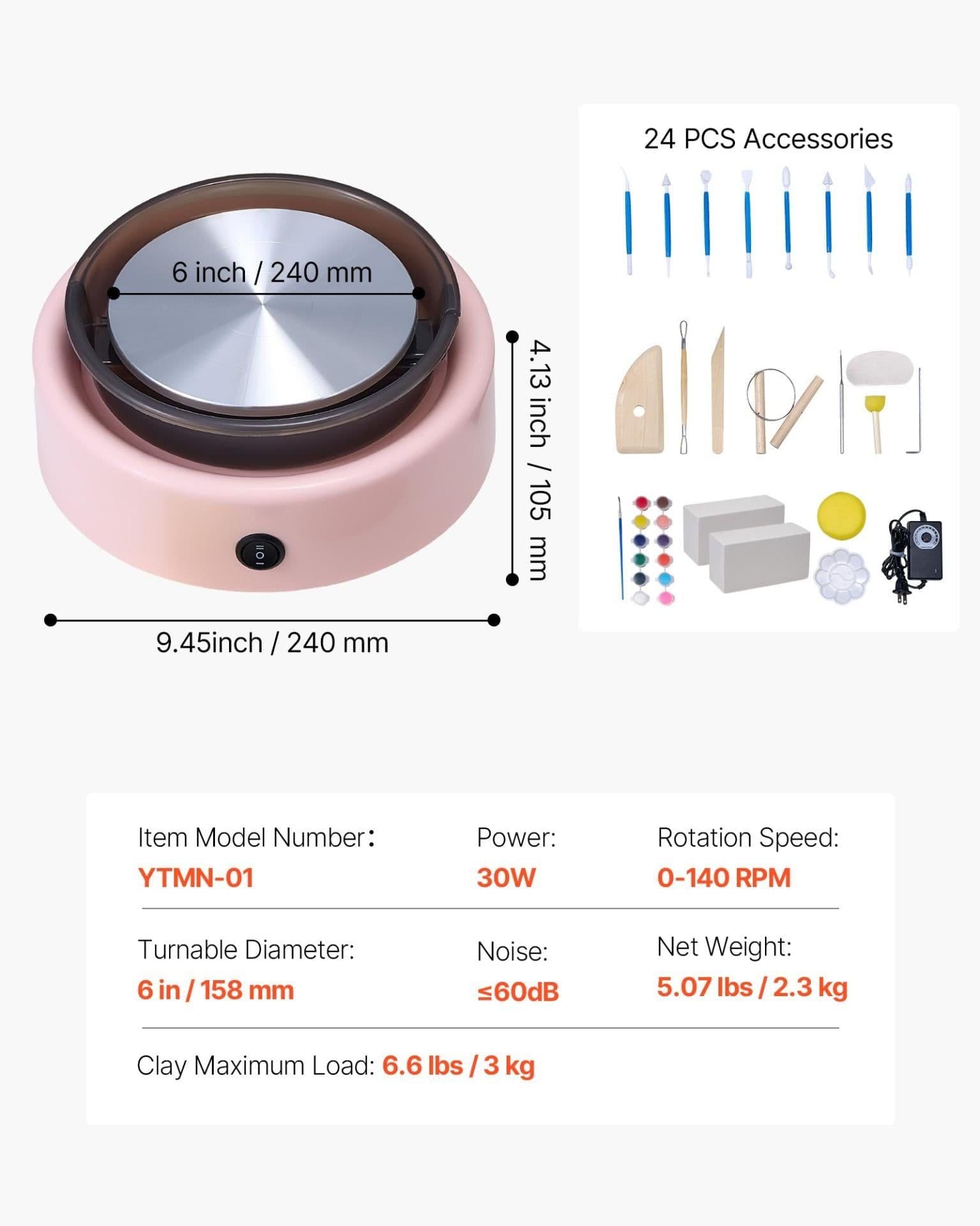 image-VEVOR Mini Pottery Wheel, 6 inch Turntable, Forward and Reverse Rotation, Adjustable Speed, Electric Clay Wheel for Kids and Beginners, with Shaping Tools, for Home DIY, Pottery Classes, Pink
