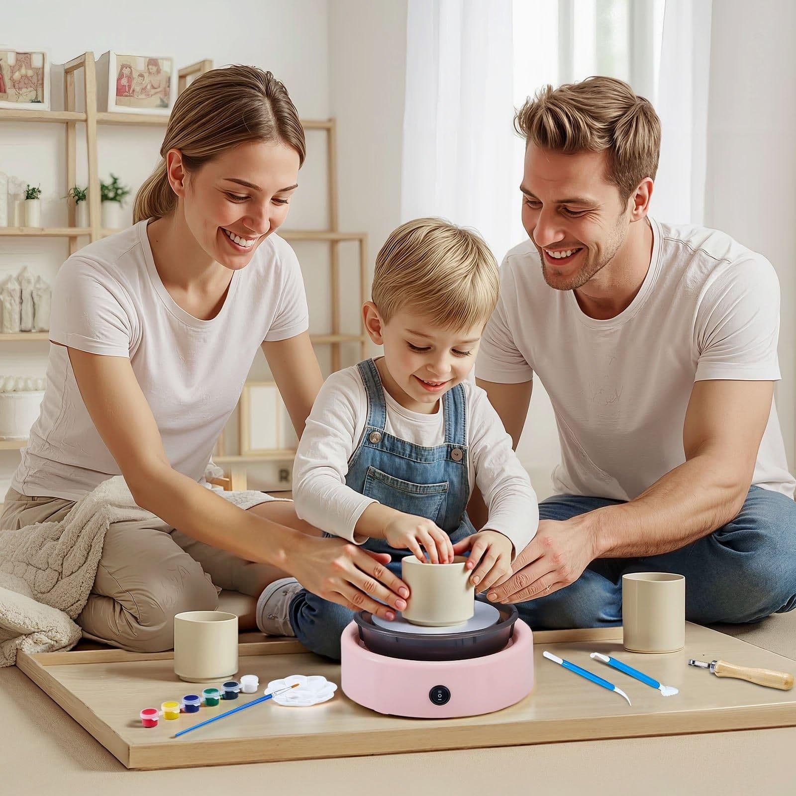 image-VEVOR Mini Pottery Wheel, 6 inch Turntable, Forward and Reverse Rotation, Adjustable Speed, Electric Clay Wheel for Kids and Beginners, with Shaping Tools, for Home DIY, Pottery Classes, Pink