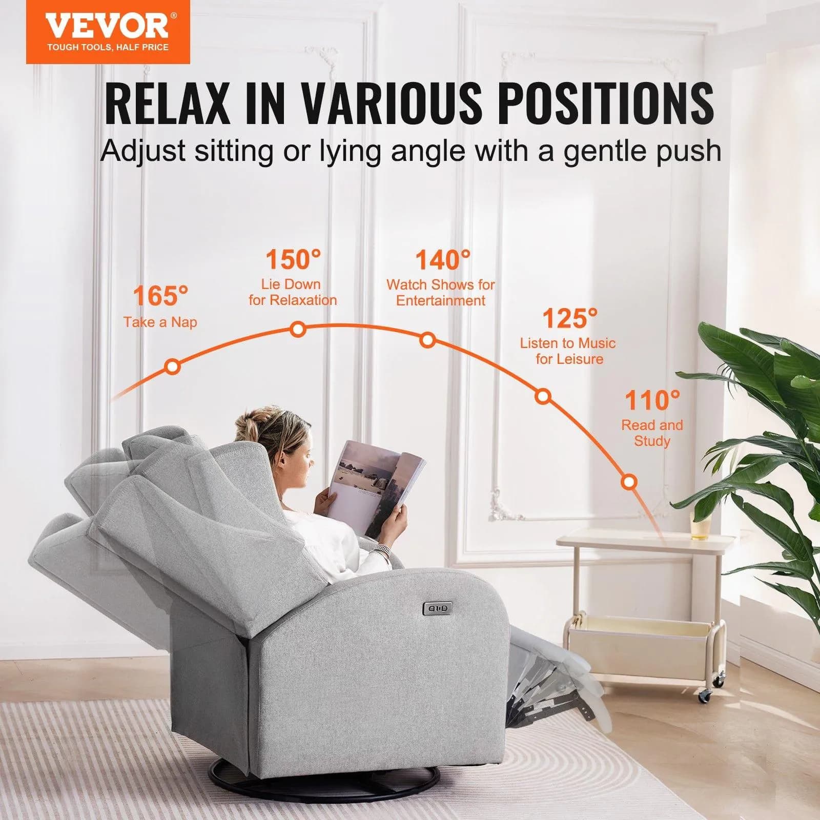 image-VEVOR Electronic Power Recliner and Swivel Glider, 250 lbs Weight Capacity Swivel Glider Recliner Chair with USB Port, Polyester Surface Swivel Rocker Recliner for Living Room, Bedroom, Light Gray