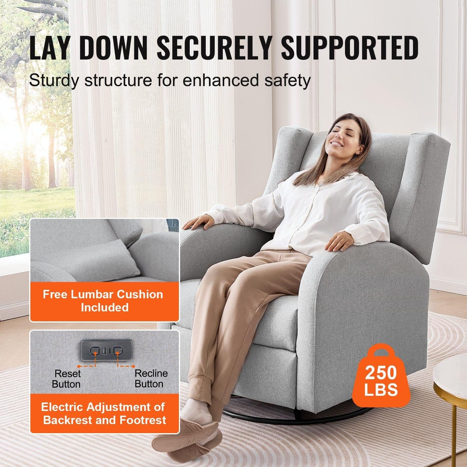 image-VEVOR Electronic Power Recliner and Swivel Glider, 250 lbs Weight Capacity Swivel Glider Recliner Chair with USB Port, Polyester Surface Swivel Rocker Recliner for Living Room, Bedroom, Light Gray