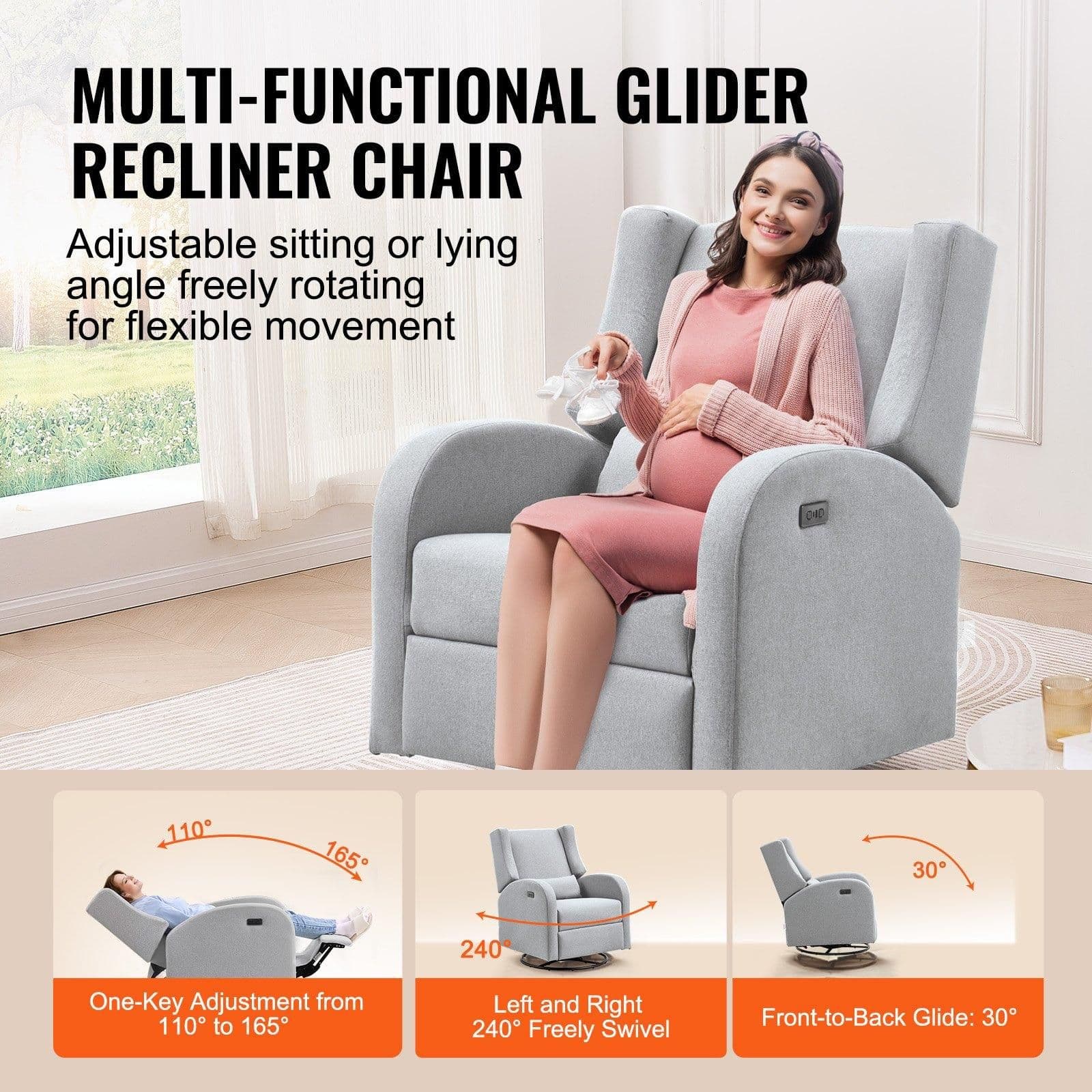 image-VEVOR Electronic Power Recliner and Swivel Glider, 250 lbs Weight Capacity Swivel Glider Recliner Chair with USB Port, Polyester Surface Swivel Rocker Recliner for Living Room, Bedroom, Light Gray