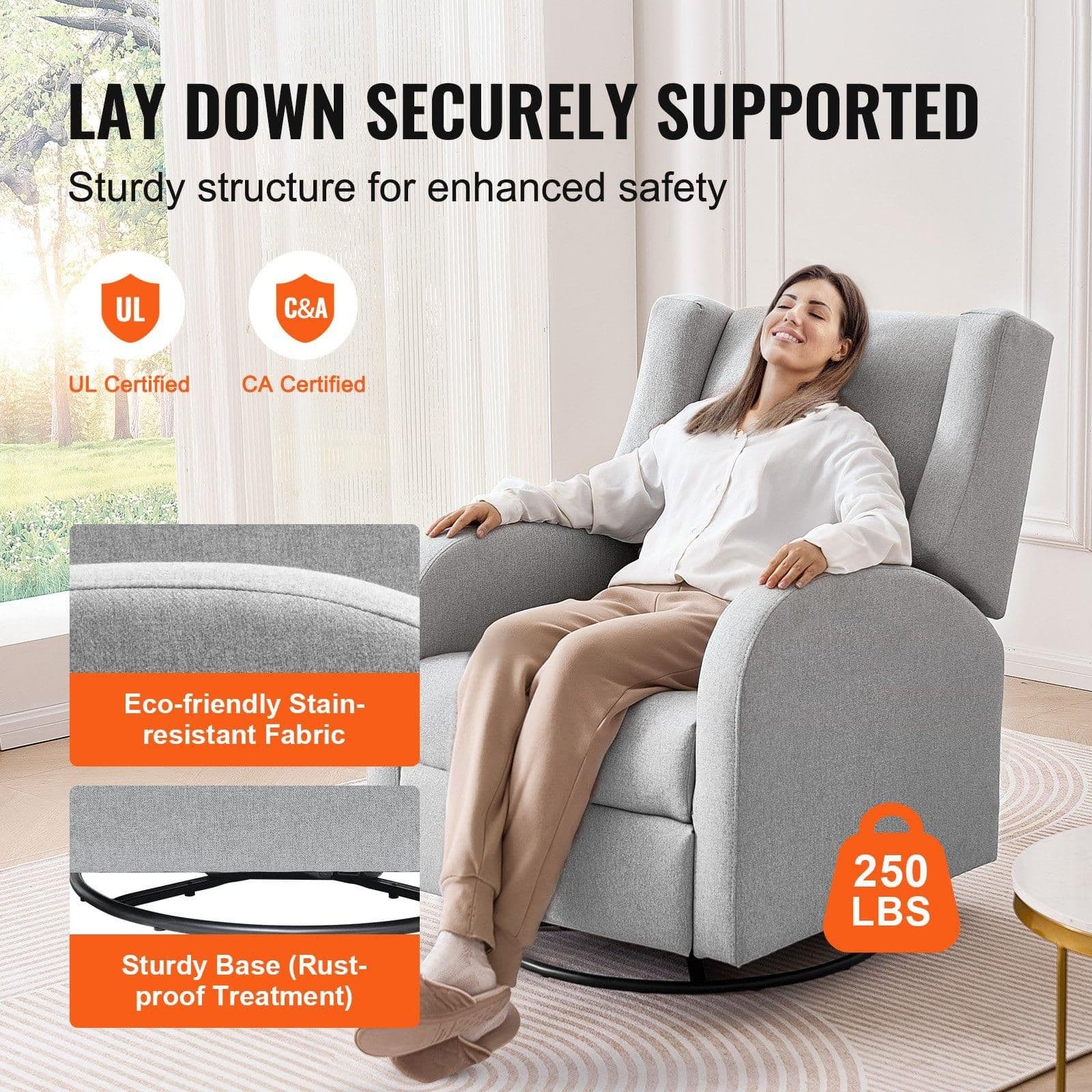 image-VEVOR Electronic Power Recliner and Swivel Glider, 250 lbs Weight Capacity Swivel Glider Recliner Chair with USB Port, Polyester Surface Swivel Rocker Recliner for Living Room, Bedroom, Light Gray