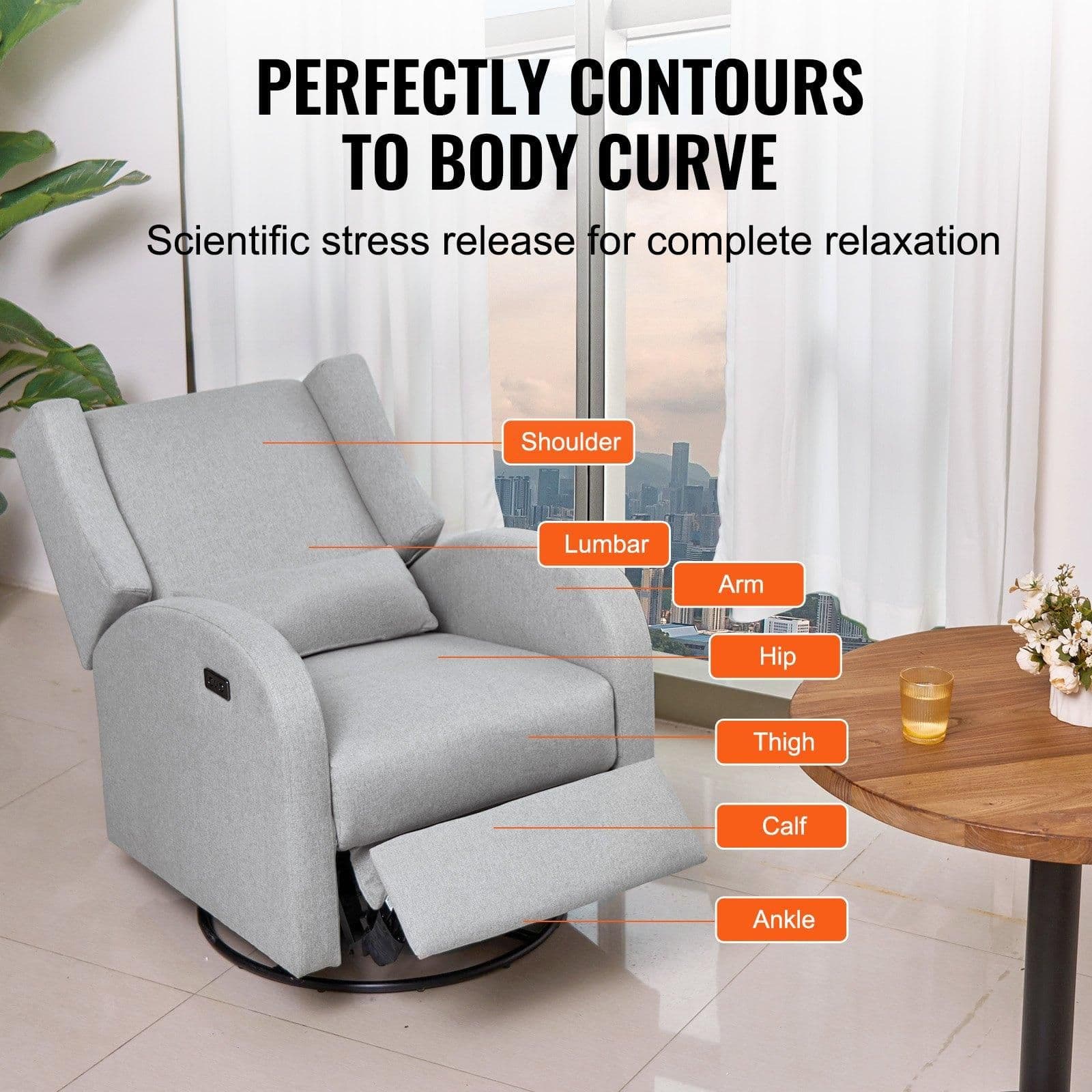 image-VEVOR Electronic Power Recliner and Swivel Glider, 250 lbs Weight Capacity Swivel Glider Recliner Chair with USB Port, Polyester Surface Swivel Rocker Recliner for Living Room, Bedroom, Light Gray