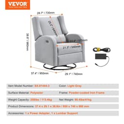 image-VEVOR Electronic Power Recliner and Swivel Glider, 250 lbs Weight Capacity Swivel Glider Recliner Chair with USB Port, Polyester Surface Swivel Rocker Recliner for Living Room, Bedroom, Light Gray