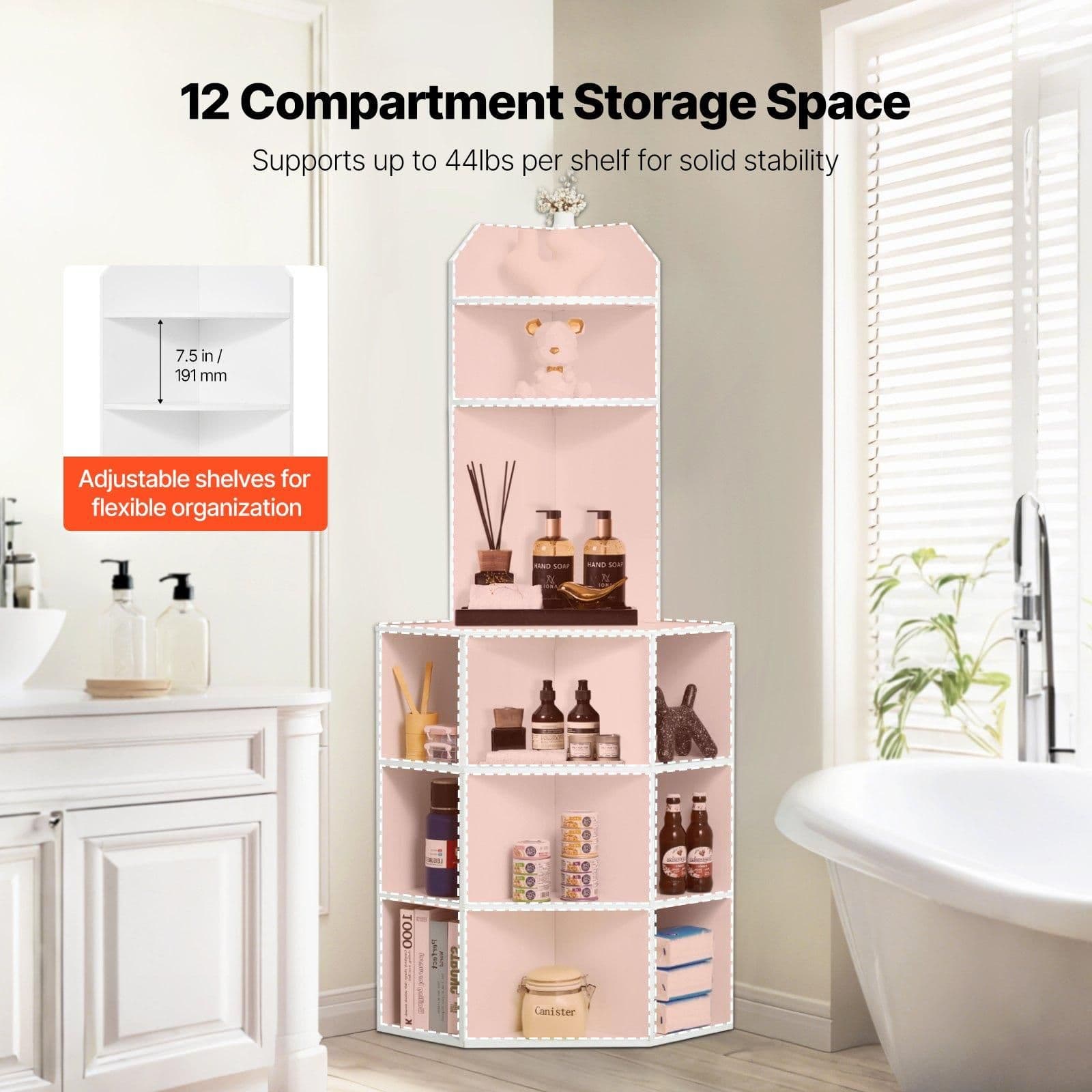 image-VEVOR 64" Tall Corner Storage Cabinet, 6 Tiers Wooden Storage Cabinet with USB Ports and Outlets & Adjustable Shelves, Freestanding Corner Cabinet for Living Room, Kitchen, Laundry Room, White