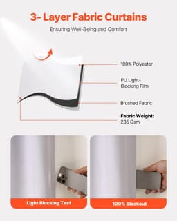 image-VEVOR Blackout Curtains, 84 Inch Length 2 Panels Set, 52 Inch Wide Each, Thermal Insulated 100% Blackout Light Blocking Drapes, 3-Layer, with Grommets, Curtains for Bedroom Living Room Window, White