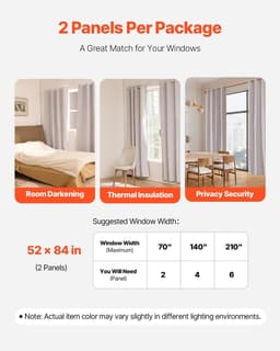 image-VEVOR Blackout Curtains, 84 Inch Length 2 Panels Set, 52 Inch Wide Each, Thermal Insulated 100% Blackout Light Blocking Drapes, 3-Layer, with Grommets, Curtains for Bedroom Living Room Window, White