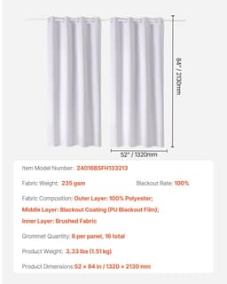 image-VEVOR Blackout Curtains, 84 Inch Length 2 Panels Set, 52 Inch Wide Each, Thermal Insulated 100% Blackout Light Blocking Drapes, 3-Layer, with Grommets, Curtains for Bedroom Living Room Window, White