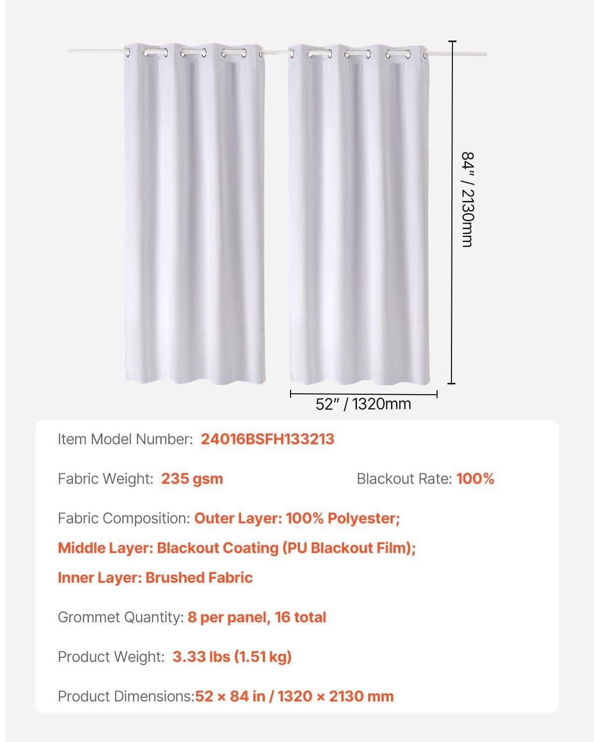 image-VEVOR Blackout Curtains, 84 Inch Length 2 Panels Set, 52 Inch Wide Each, Thermal Insulated 100% Blackout Light Blocking Drapes, 3-Layer, with Grommets, Curtains for Bedroom Living Room Window, White
