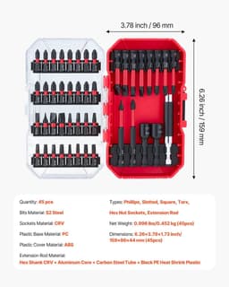 image-VEVOR Screwdriver Bit Set, 45-Piece, Magnetic Phillips, Slotted, Square, Torx Bit, Hex Nut Sockets, Extension Rod with Transparent Storage Case, High-Strength S2 Alloy Steel, Blackened Finish