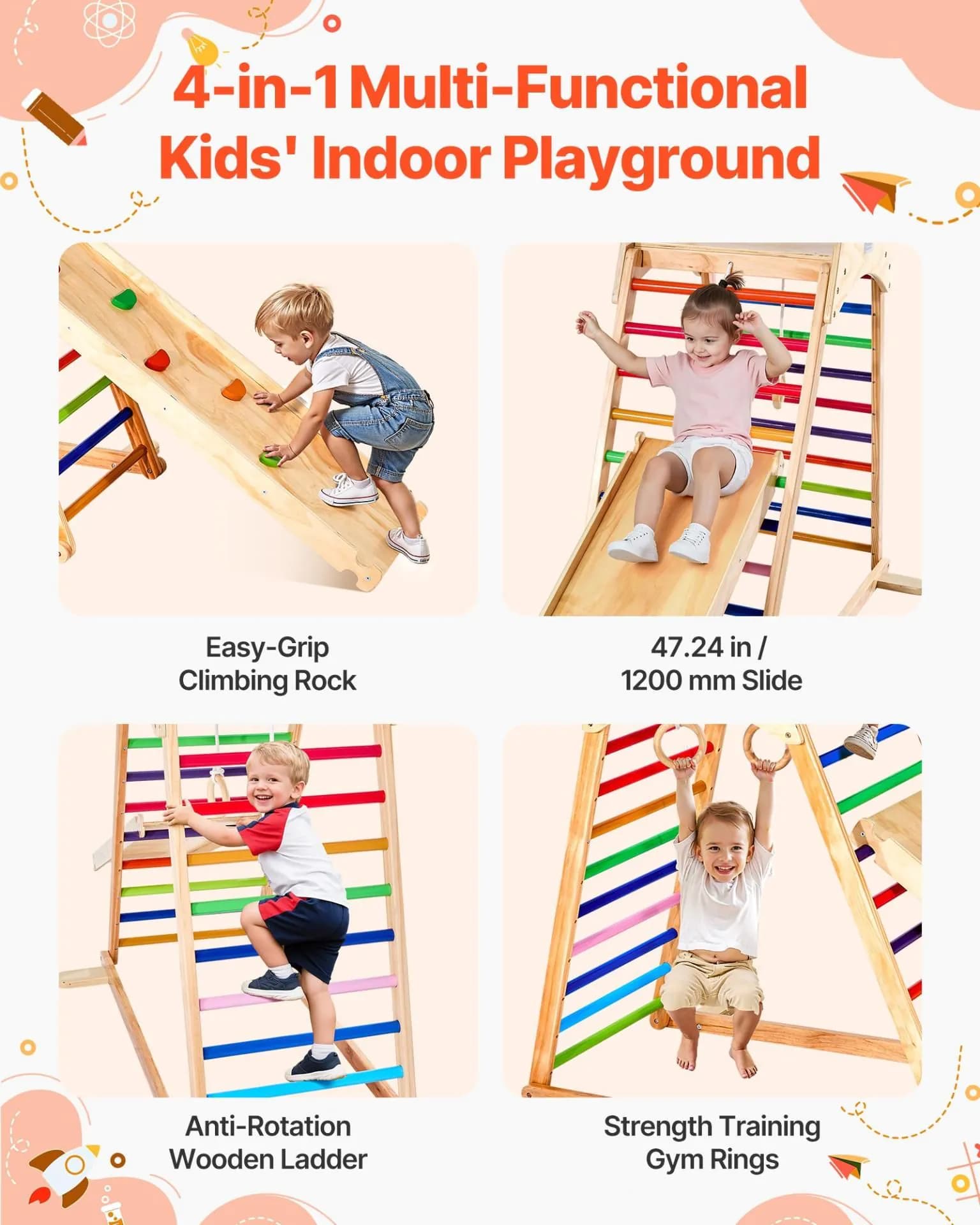 image-VEVOR Indoor Playground Jungle Gym, 4-in-1 Wooden Indoor Playground Playset with Climbing Rock, Slide, Wooden Ladder & Gym Rings, Montessori Style Playground Climbing Toys for Boys Girls, 220LBS