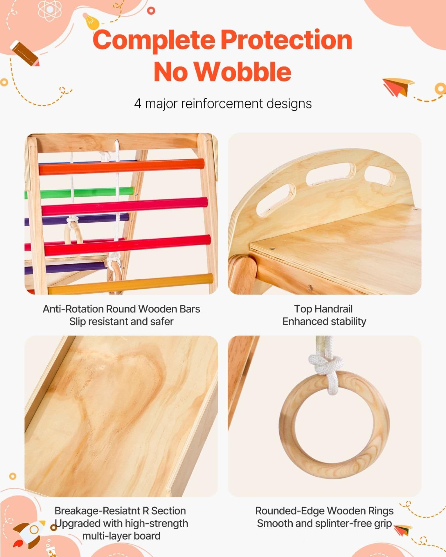 image-VEVOR Indoor Playground Jungle Gym, 4-in-1 Wooden Indoor Playground Playset with Climbing Rock, Slide, Wooden Ladder & Gym Rings, Montessori Style Playground Climbing Toys for Boys Girls, 220LBS