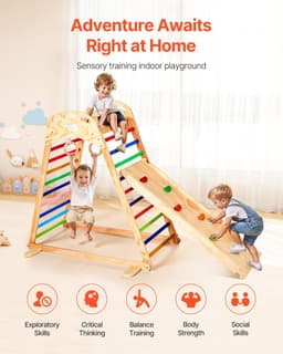 image-VEVOR Indoor Playground Jungle Gym, 4-in-1 Wooden Indoor Playground Playset with Climbing Rock, Slide, Wooden Ladder & Gym Rings, Montessori Style Playground Climbing Toys for Boys Girls, 220LBS