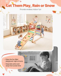 image-VEVOR Indoor Playground Jungle Gym, 4-in-1 Wooden Indoor Playground Playset with Climbing Rock, Slide, Wooden Ladder & Gym Rings, Montessori Style Playground Climbing Toys for Boys Girls, 220LBS