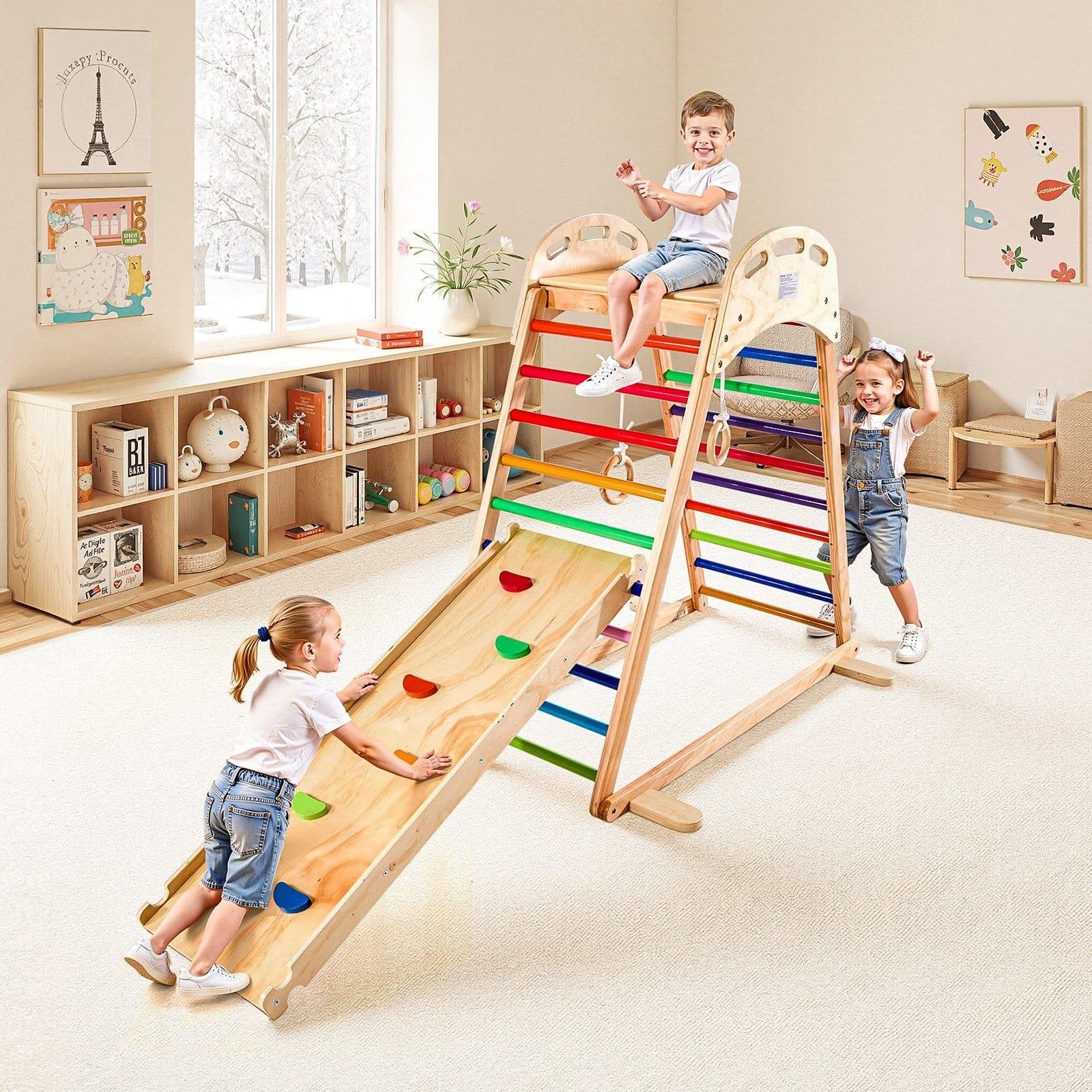 image-VEVOR Indoor Playground Jungle Gym, 4-in-1 Wooden Indoor Playground Playset with Climbing Rock, Slide, Wooden Ladder & Gym Rings, Montessori Style Playground Climbing Toys for Boys Girls, 220LBS