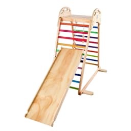 image-VEVOR Indoor Playground Jungle Gym, 4-in-1 Wooden Indoor Playground Playset with Climbing Rock, Slide, Wooden Ladder & Gym Rings, Montessori Style Playground Climbing Toys for Boys Girls, 220LBS