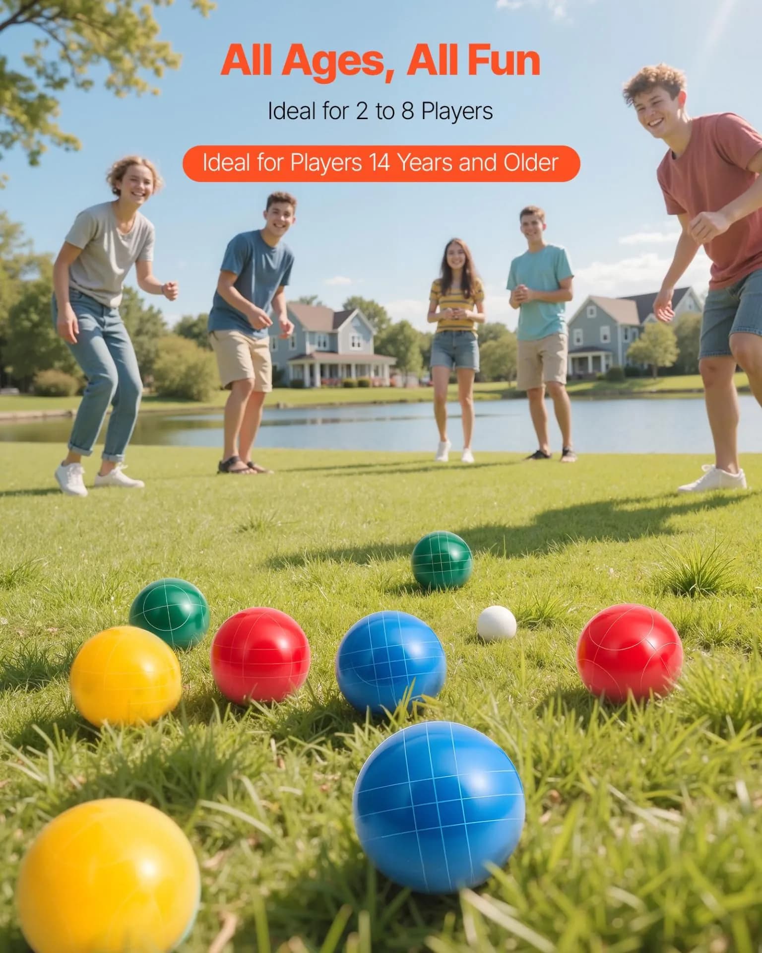 image-VEVOR Bocce Ball Set, 107 mm, with 8 Resin Balls, Pallino, Carrying Bag and Measuring Rope, Red/Green/Blue/Yellow 4 Colors, for 2 to 8 Players, Bocce Ball Game Set for Beach, Lawn, Family Backyard